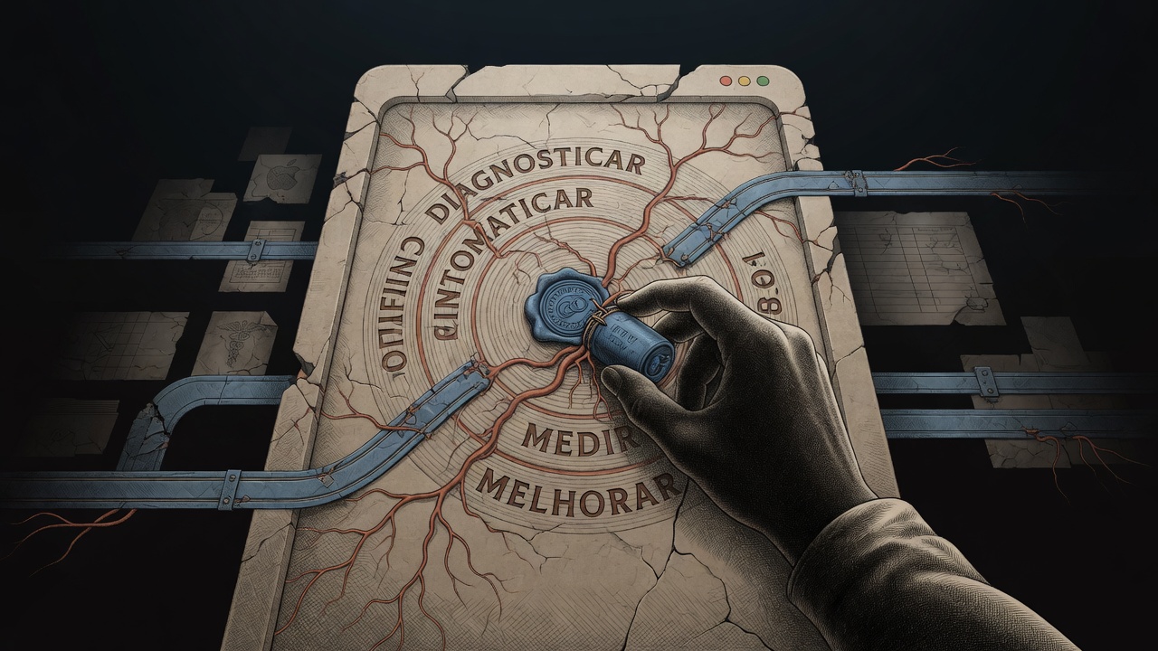 Ilustração surrealista hermética: terminal rachado com veias de terracota formando anéis de crescimento recursivo e os 5 passos do método (diagnosticar, simplificar, automatizar, medir, melhorar). Mão cerimonial (portão humano / mentor gate) coloca relíquia de conduíte azul selada gravada 'MEU LOOP'.