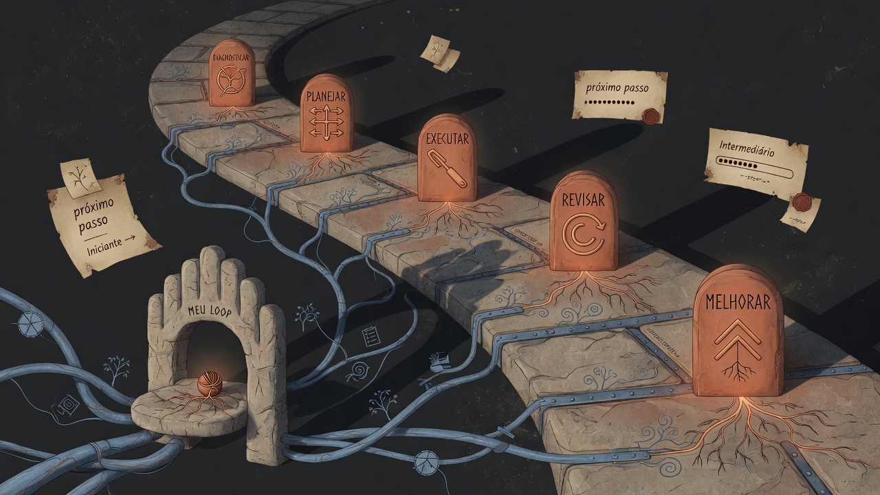Ilustração surrealista hermética da Trilha de Autonomia como sistema progressivo que cresce: caminho de pedra curvado com 5 marcos em terracota conectados por veias radiculares e conduítes azuis (DIAGNOSTICAR, PLANEJAR, EXECUTAR, REVISAR, MELHORAR). Portão humano de mão cerimonial com 'MEU LOOP' na entrada; notas de pergaminho com 'próximo passo' e indicadores de nível (Iniciante/Intermediário); sombras recursivas e arquitetura orgânica em fundo void profundo. 16:9.